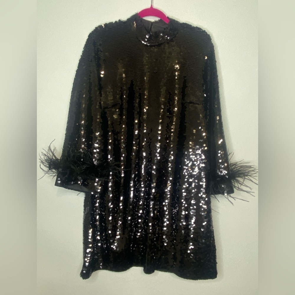 NWOT UNGARO Black Sequin Dress with Feather Cuffs